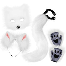 Fox Tail and Ears Cosplay Set, White Plush Mask with Cat Ears, Tail, and Paw Gloves for Halloween
