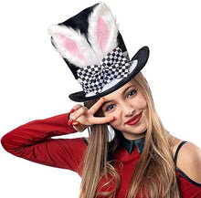 Easter Bunny Top Hat – White Rabbit & Black Plush Hat – Costume accessory for Easter, Halloween and theme parties