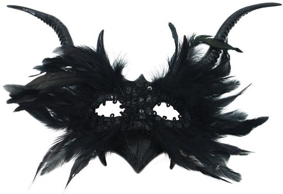 Mask - New for Halloween - Gothic - Mask with decorative feather lace - Devil's horn mask - Role-playing prop - Black
