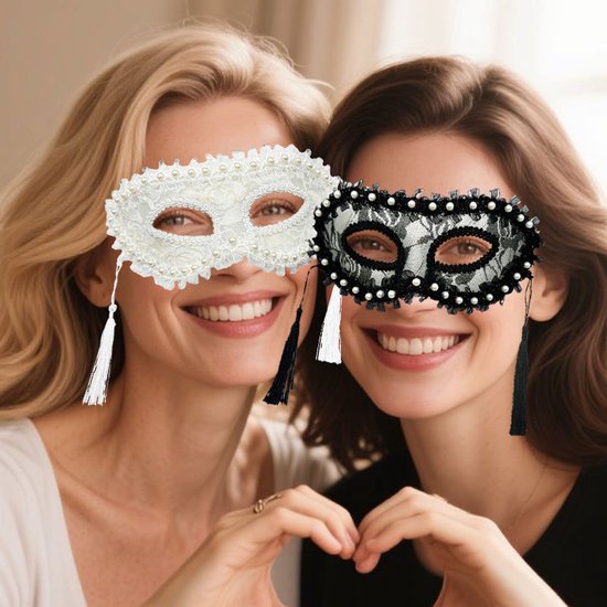 Masks - Halloween Half Face Pearl Lace Ribbon Mask - Masquerade Cosplay Party - Photography Props - 2 Items