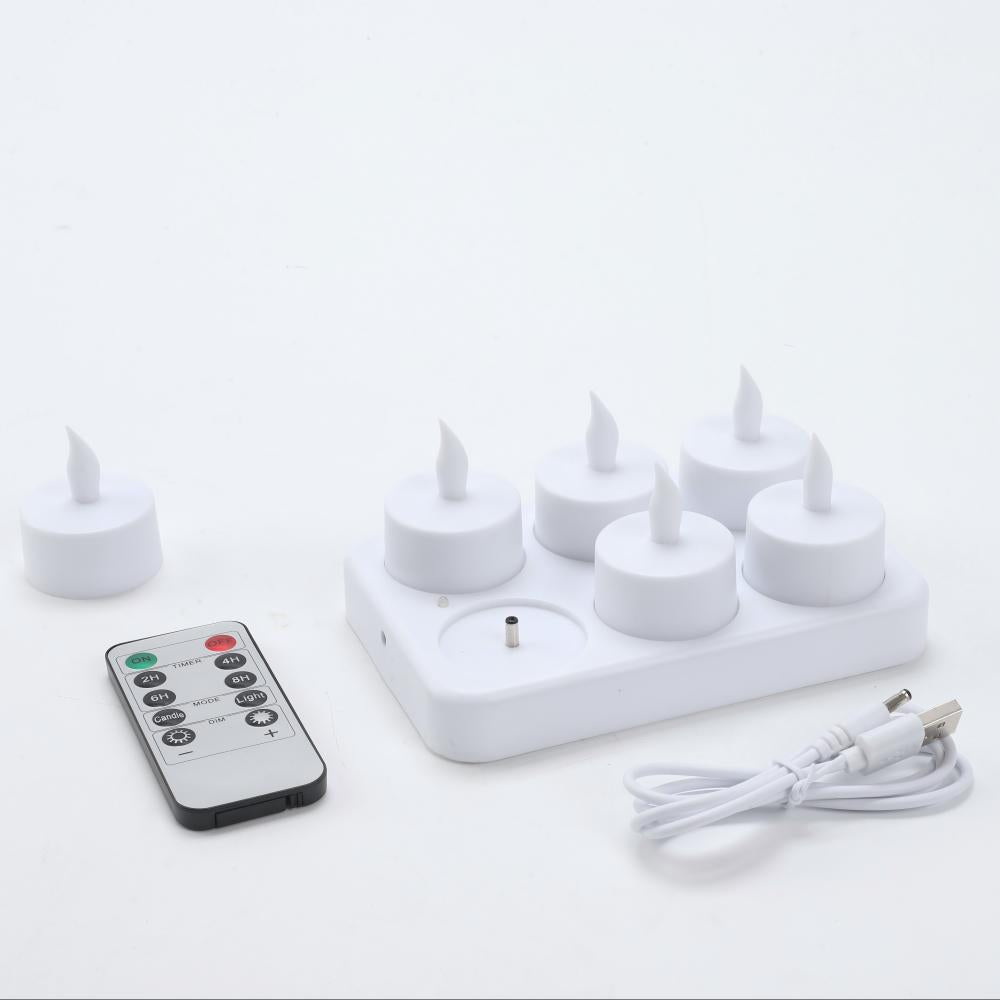 6 Pack Rechargeable LED Tea Light Candles with Charging Base and Remote Control for Halloween, Birthdays and Home Decor, White