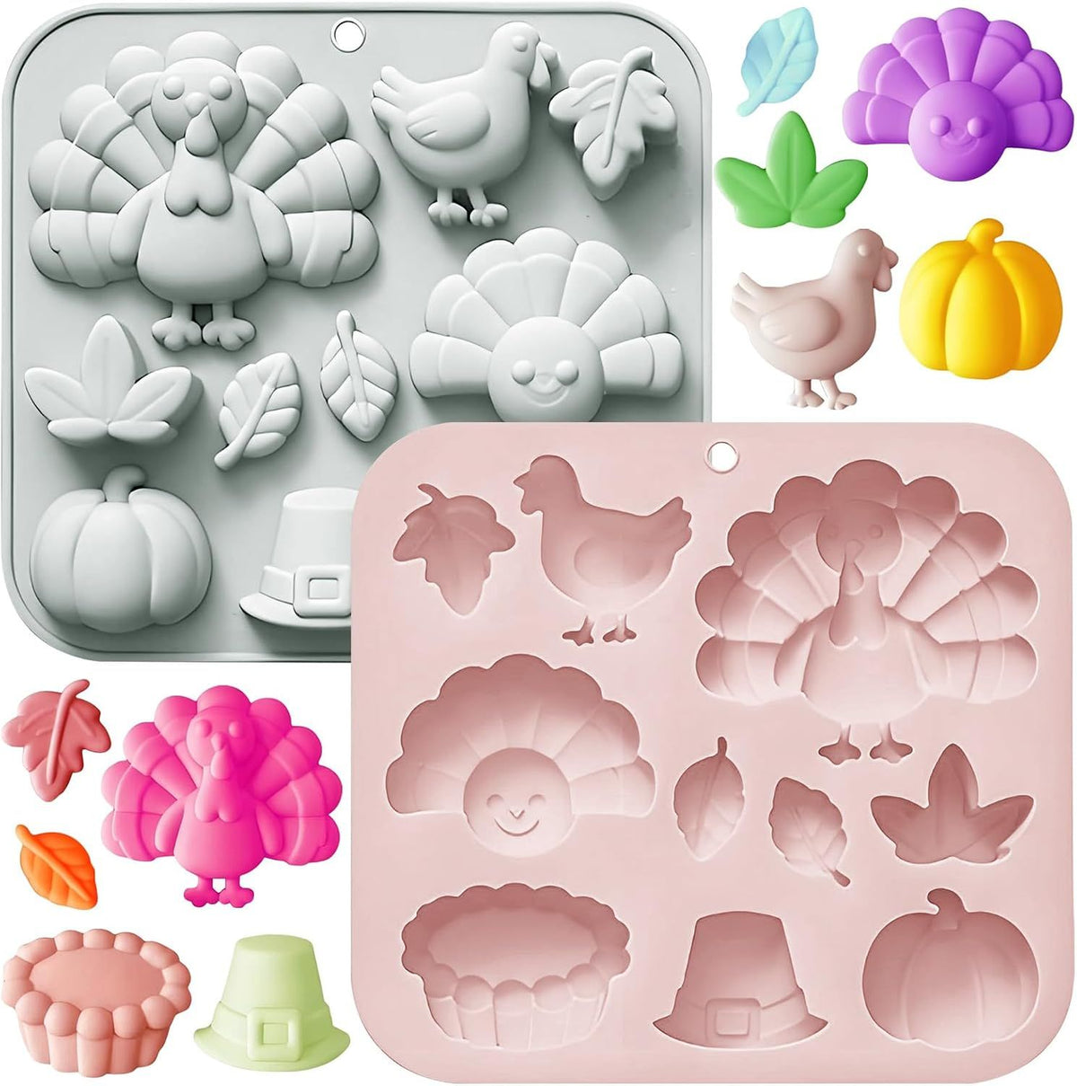 2 Pack Fall Thanksgiving Chocolate Silicone Molds, Autumn Pumpkin Turkey Leaves Silicone Molds Baking Soap for Halloween Autumn Cupcake Cake Topper