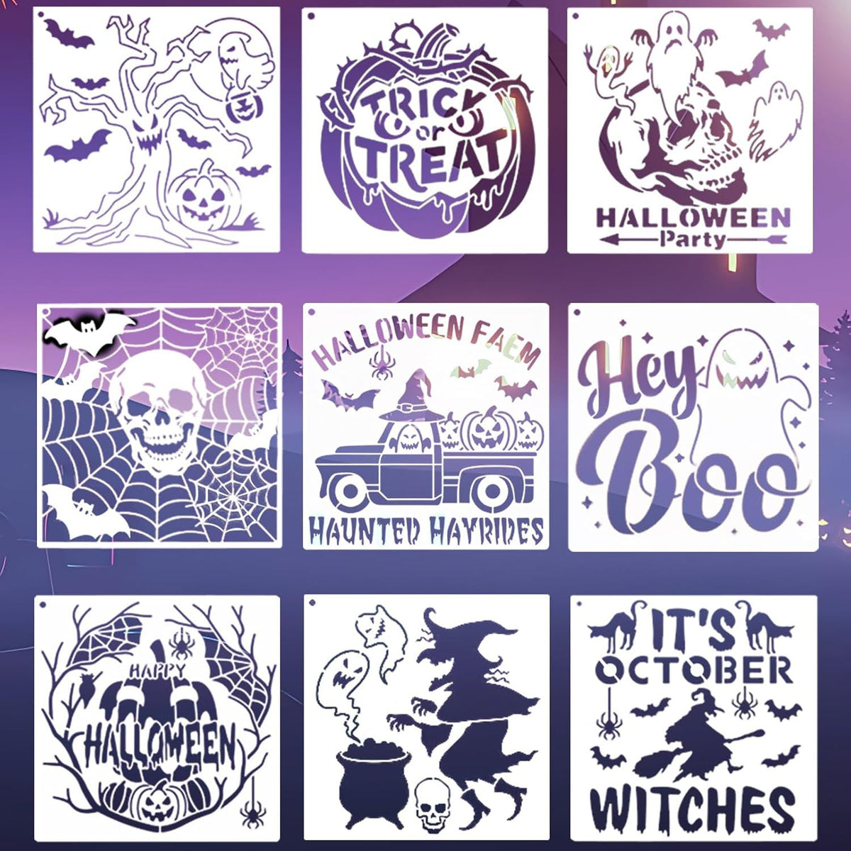 9 Pack Halloween Painting Stencils, Reusable Plastic Templates for Wood, Walls, Windows, Doors, Cards, Crafts and DIY Party Decorations