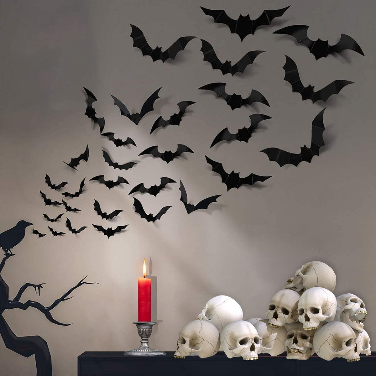 3pcs Halloween Decoration Indoor PVC 3D Horror Bat Wall Decoration DIY Halloween Bat Decoration Stickers for Home Decoration