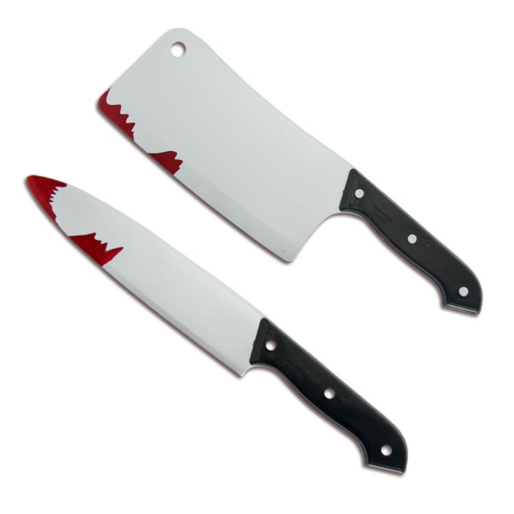 2pcs Halloween costume party game performance supplies, prank horror plastic props, sharp knives, kitchen knives with bloody knives