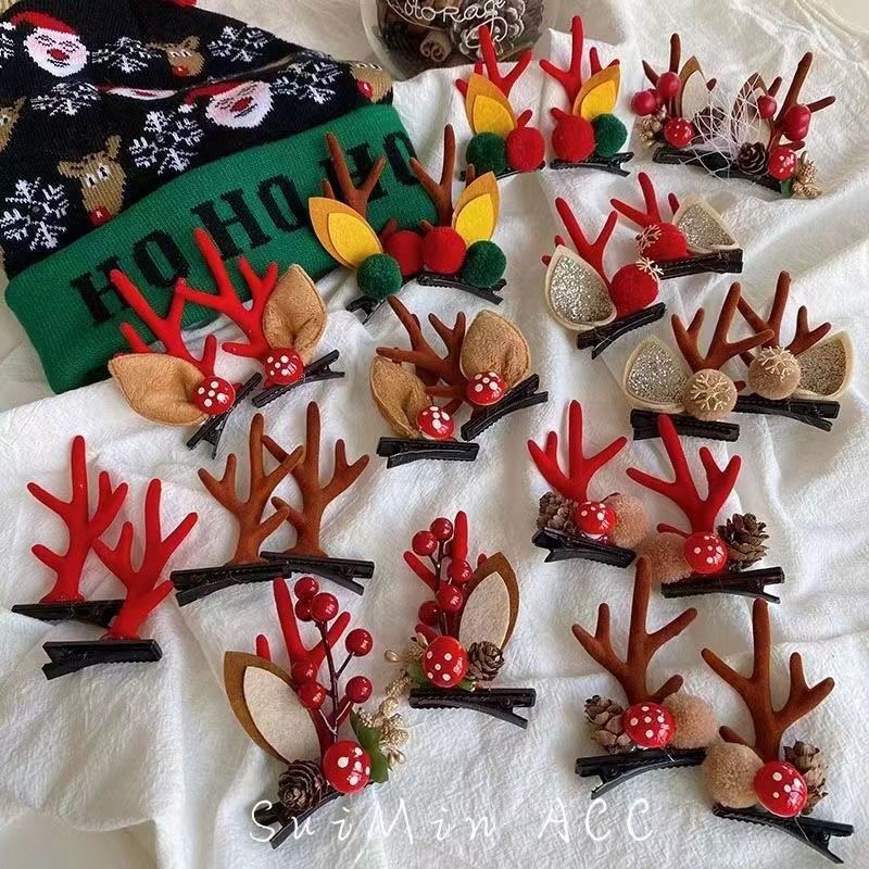 Cute Antler Hair Clip, White Pom Pom Pinecone Red Horn Headpiece, Christmas & Halloween Party Costume Hair Accessory