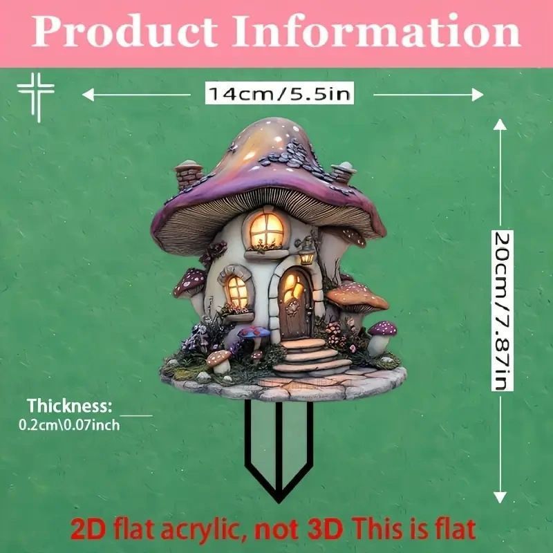 2D Acrylic Mushroom Fairy House Plant Stake, Fantasy Cottage Yard Insert, Weatherproof Ornament for Christmas Halloween Garden Decoration