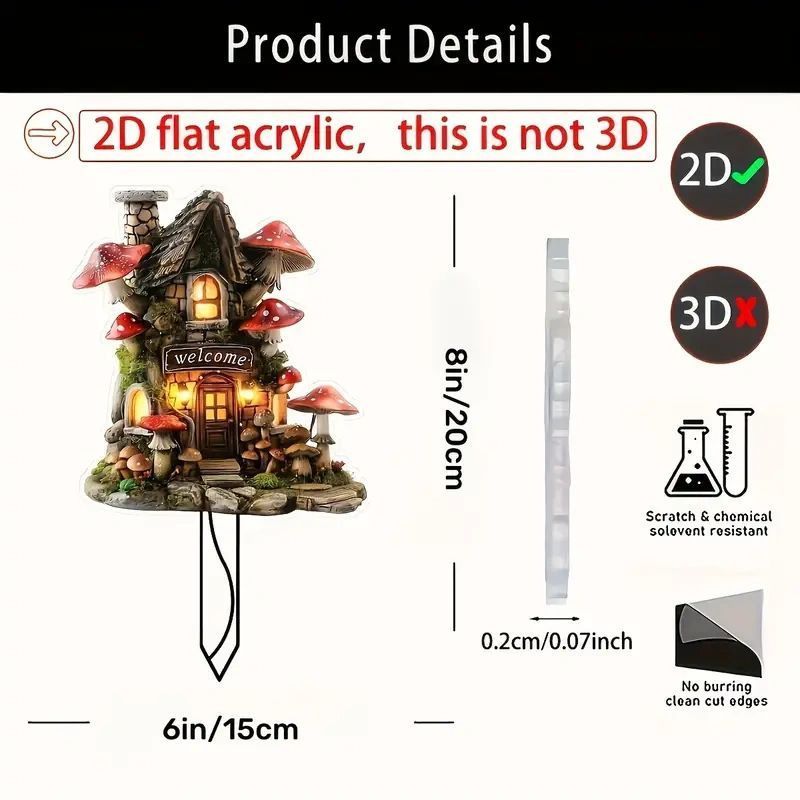 2D Acrylic Mini Mushroom Elf Cottage Garden Stake, Tiny Fairy House Pot Insert, Weatherproof Decor for Christmas Halloween Backyard Scene