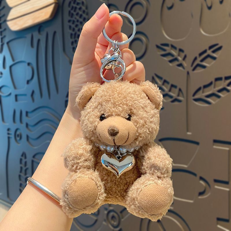 Brown Plush Bear Bag Charm With Pearl Heart Detail, Soft Plush Pendant, Cute Holiday Accessory for Christmas & Halloween Gift‑giving