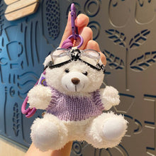 White‑Purple Outfit Plush Bear Pendant, Cute Cartoon Bag Accessory, Mini Plush Keychain for Christmas & Halloween Holiday Gifts