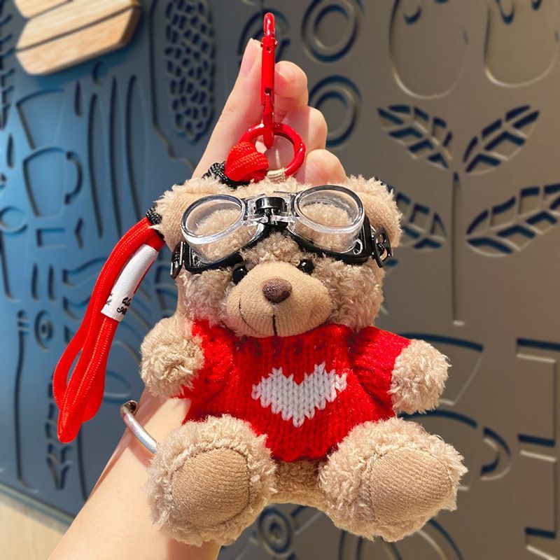 Plush Bear Bag Charm In Red Outfit With White Heart, Soft Stuffed Doll Keychain, Lovely Ornament for Christmas & Halloween Gifting