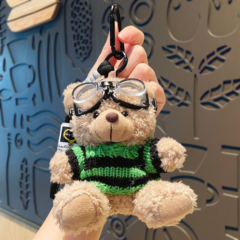 Black‑Green Outfit Plush Bear Keychain, Cute Stuffed Bag Pendant, Decorative Accessory for Christmas & Halloween Small Gift Collection
