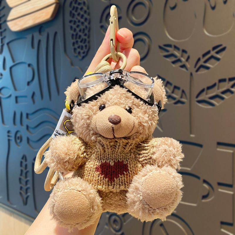 Plush Bear Bag Charm In Brown Outfit With Red Heart, Soft Mini Doll Pendant, Lovely Trinket for Christmas & Halloween Holiday Presents