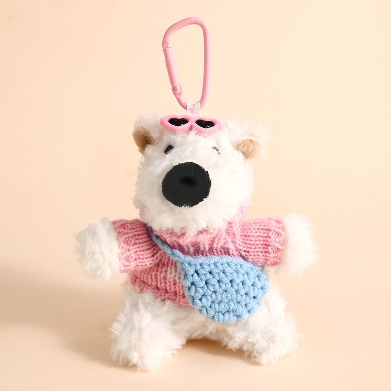 West Highland Dog Plush Bag Charm Wearing Pink Outfit With Blue Crossbody Bag, Soft Stuffed Pendant for Christmas & Halloween Gifts