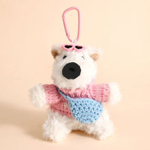 West Highland Dog Plush Bag Charm Wearing Pink Outfit With Blue Crossbody Bag, Soft Stuffed Pendant for Christmas & Halloween Gifts