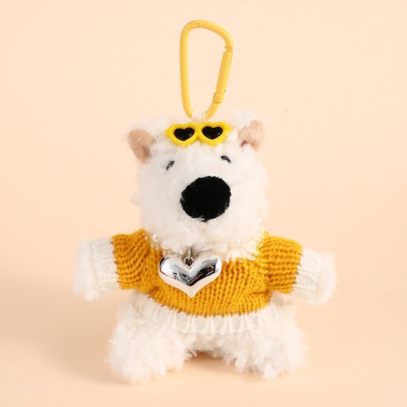 West Highland Dog Plush Pendant In Yellow Outfit With Heart Motif, Adorable Bag Hanging Ornament, Mini Keychain for Christmas & Halloween