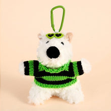 West Highland Dog Plush Keychain With Black‑Green Striped Design, Cute Cartoon Bag Charm, Lovely Holiday Trinket for Christmas & Halloween
