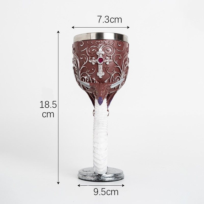 Resin Cross‑Ornamented Gothic Goblet 2 PCS, Dark‑red Tone Carved Resin Cup, Stainless Steel Liner for Christmas & Halloween Holiday Decor