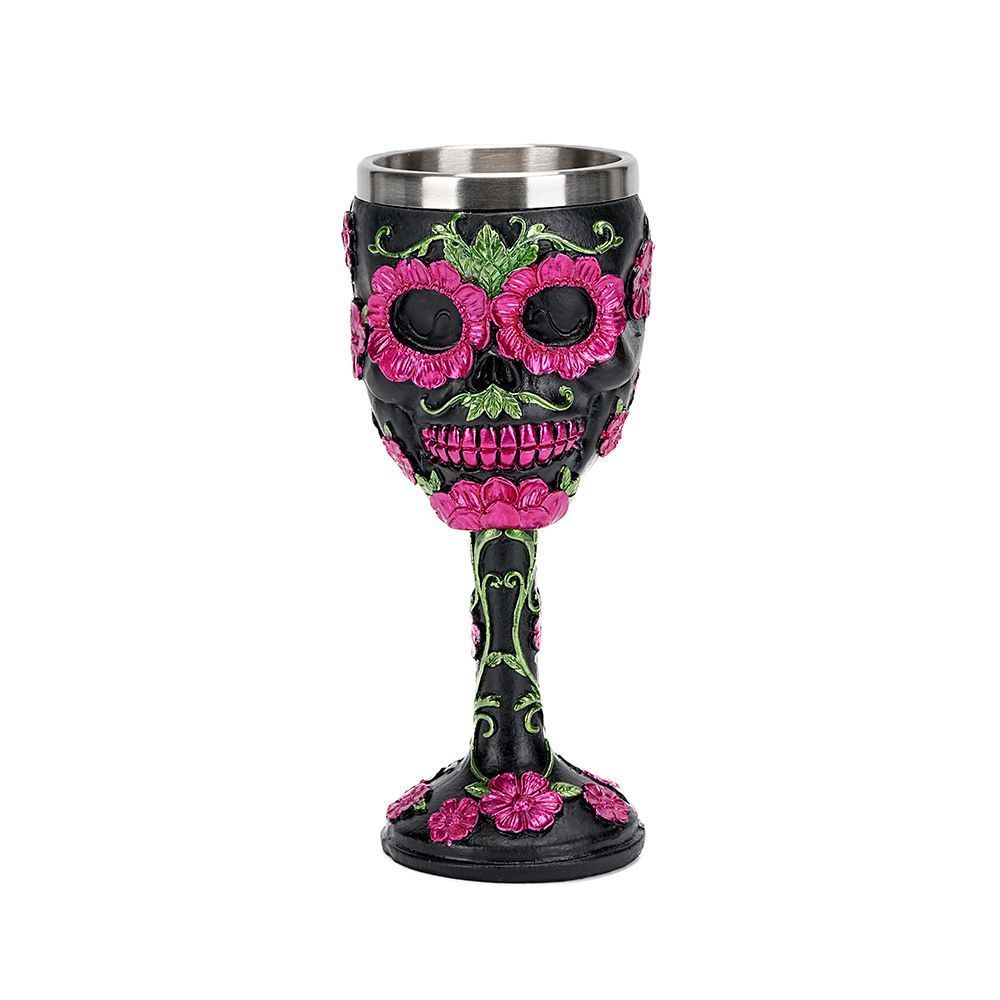 Resin Skull & Rose Embossed Goblet, Artistic Sculpted Cocktail Cup, Festive Bar Decor for Christmas & Halloween Holiday Occasion