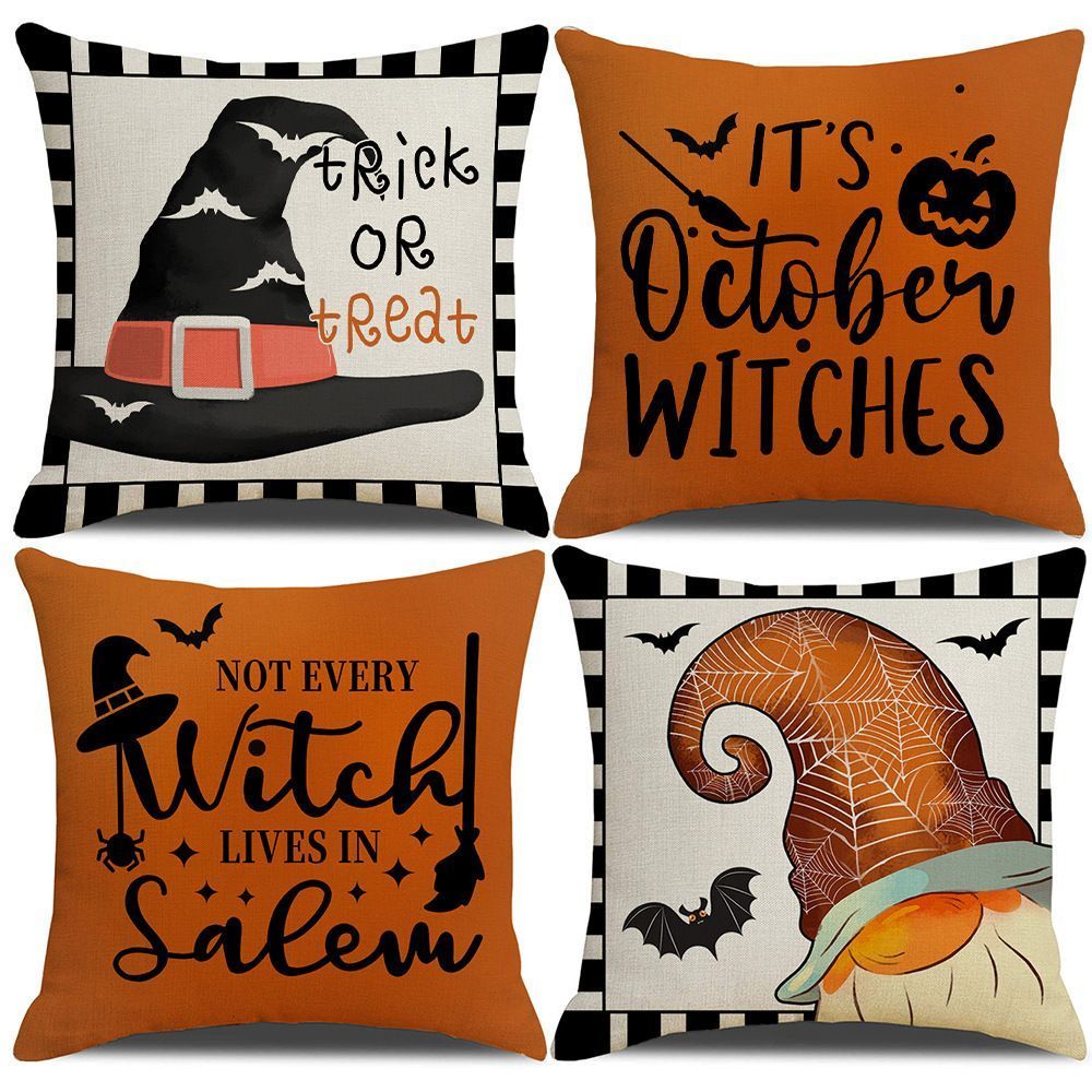 Christmas & Halloween Occasion 4PC Home Decor Pillow Cover, Style 22, Suitable For Sofa, Living Room, Bedroom, 45x45cm Does Not Include Pillow Core, Household Ornament Cushion Cover For Gathering Scene Setting