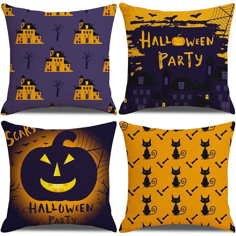 4PC Household Decor Pillow Cover, For Christmas & Halloween Festival Layout, Style 28, Suitable For Sofa, Living Room, Bedroom, 45x45cm Does Not Include Pillow Core, Home Accent Cushion Cover For Indoor Party Ambience