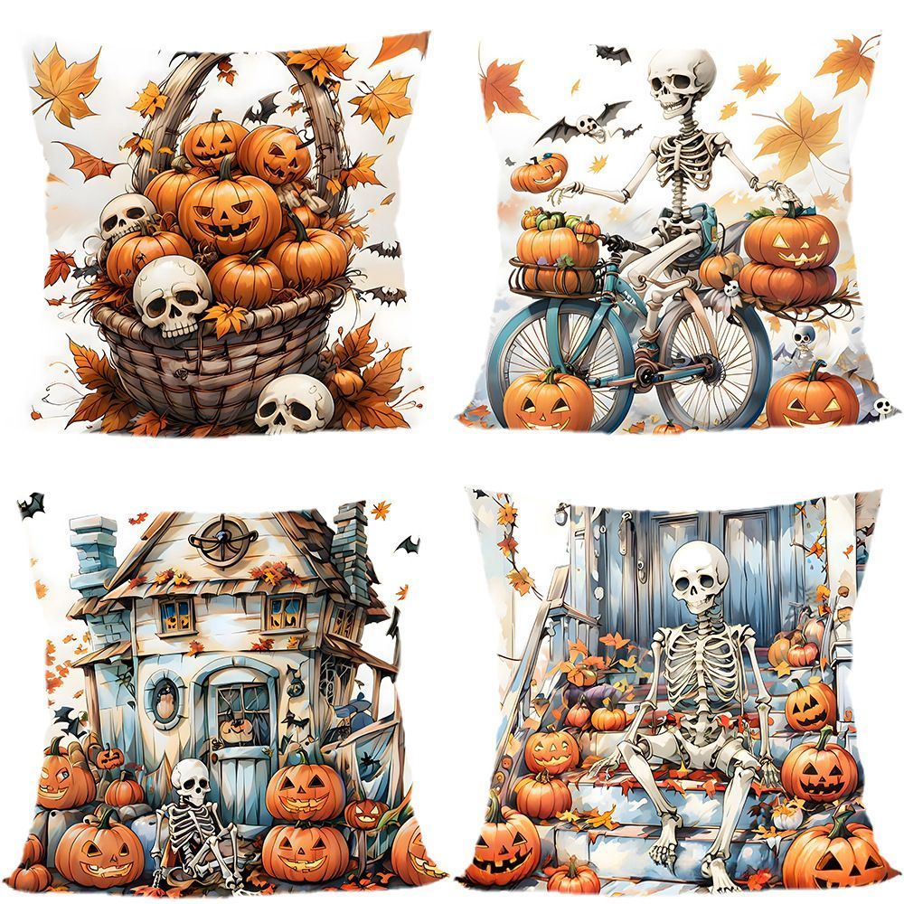4PC Home Party Essential Pillow Cover For Halloween & Christmas, Style‑60, Suitable For Sofa, Living Room, Bedroom, 45x45cm, Pillow Insert Not Included, Neat Edging Cushion Cover For Living Space Embellishment