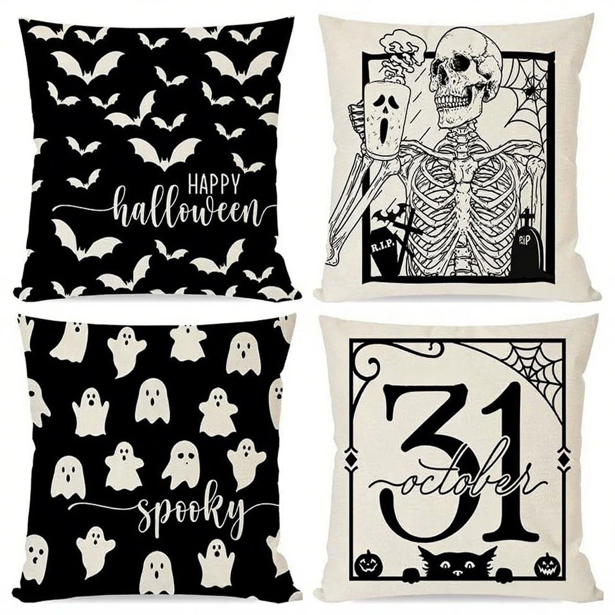 4PC Themed Household Pillow Cover Fit For Christmas & Halloween, Style‑102, Suitable For Sofa, Living Room, Bedroom, 45x45cm, Pillow Insert Not Included, Solid Craft Cushion Cover For Stable Daily Application