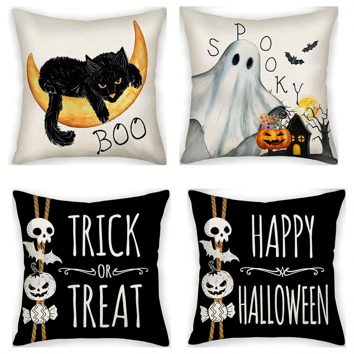 4PC Holiday Home Ornament Pillow Cover Fit For Halloween & Christmas, Style‑108, Suitable For Sofa, Living Room, Bedroom, 45x45cm, Pillow Insert Not Included, Fine Workmanship Cushion Cover For Party Scene Beautify