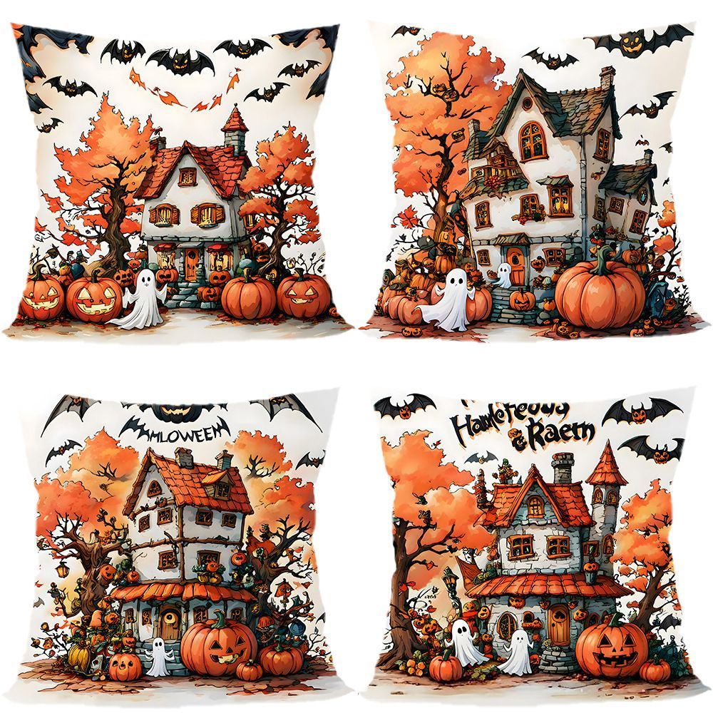 Christmas & Halloween Seasonal Decor 4PC Pillow Cover, Style‑79, Suitable For Sofa, Living Room, Bedroom, 45x45cm, Pillow Insert Not Included, Comfort‑oriented Cushion Cover For Relaxing Home Corner