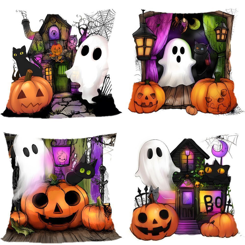 Decorative Pillow Cover 4PC For Christmas & Halloween, Style‑94, Suitable For Sofa, Living Room, Bedroom, 45x45cm, Pillow Insert Not Included, Stitched Neatly Cushion Cover For Household Space Embellishment