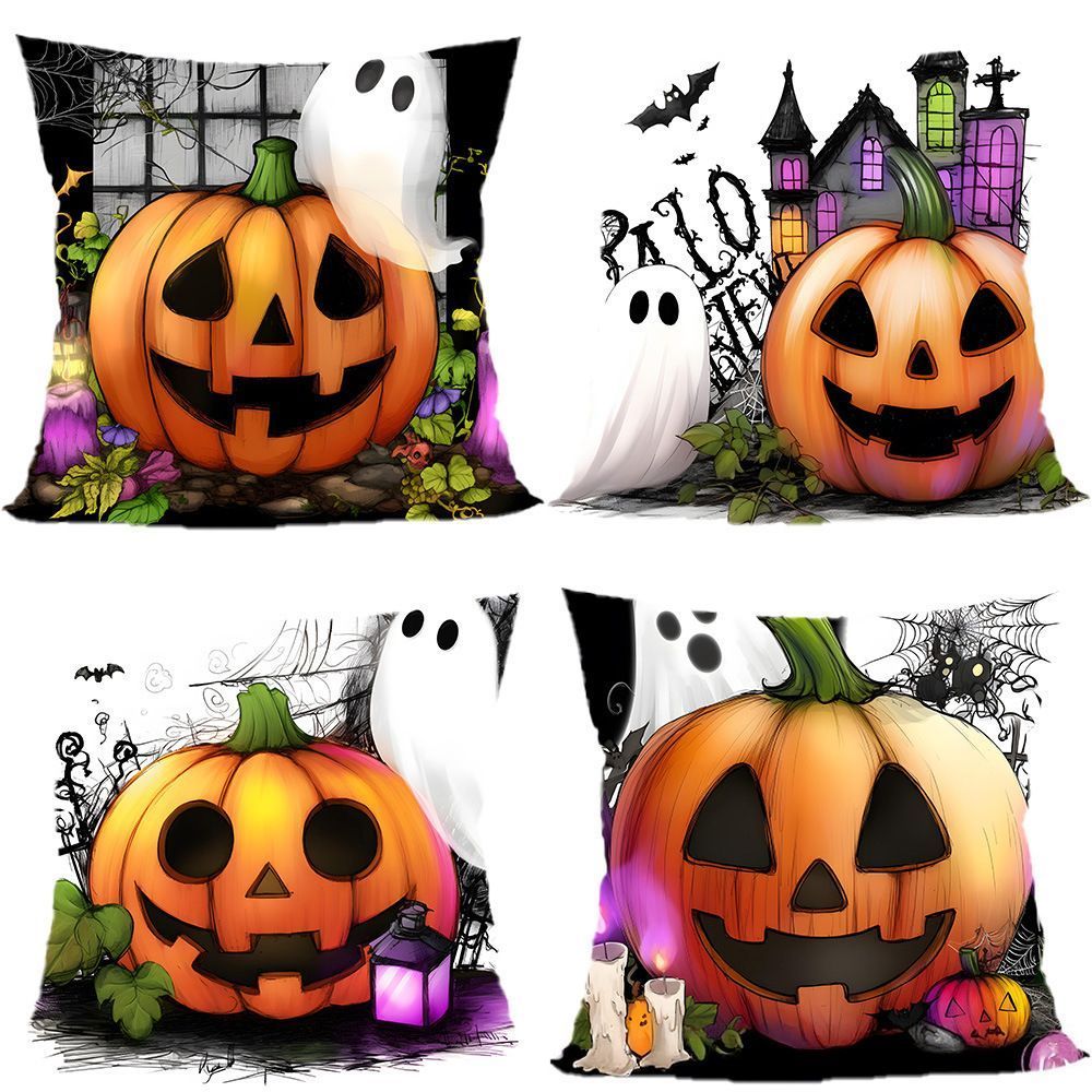 Christmas & Halloween Household Decor 4PC Pillow Cover, Style‑96, Suitable For Sofa, Living Room, Bedroom, 45x45cm, Pillow Insert Not Included, Soft Touch Cushion Cover For Casual Festive Home Layout