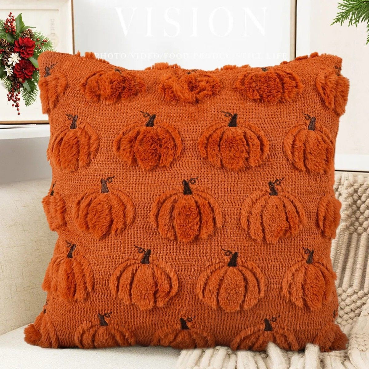 2PCS Halloween Themed Short Plush Pillow Cover, Pumpkin Pattern Decorative Cushion Shell, Suitable For Sofa Living Room Bedroom, 45x45cm, Pillow Insert Not Included