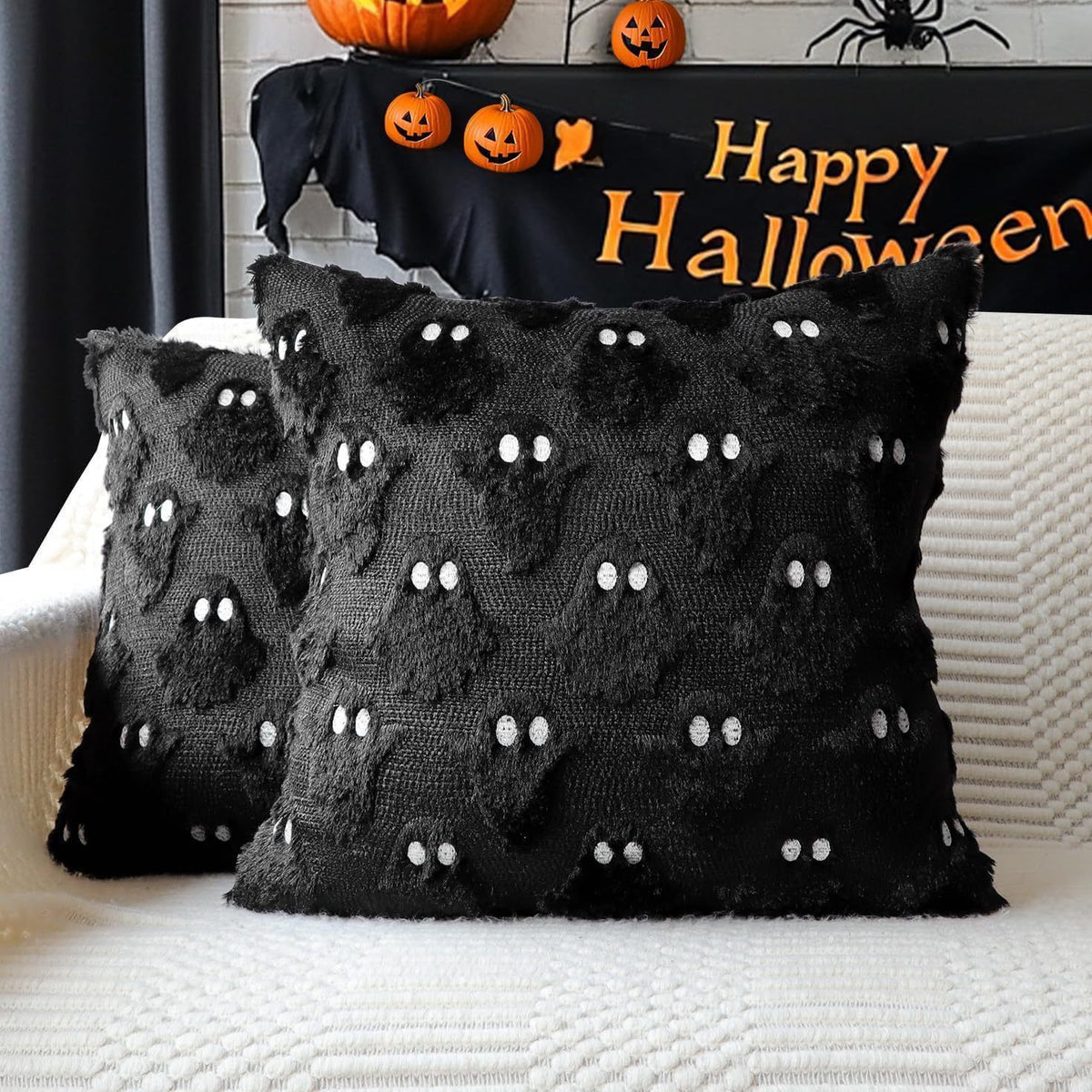 2PCS Short Plush Cushion Cover For Halloween Party Decoration, Green Spectre Design Pillow Shell, Home Indoor Festive Ornament, 45x45cm, Pillow Insert Not Included