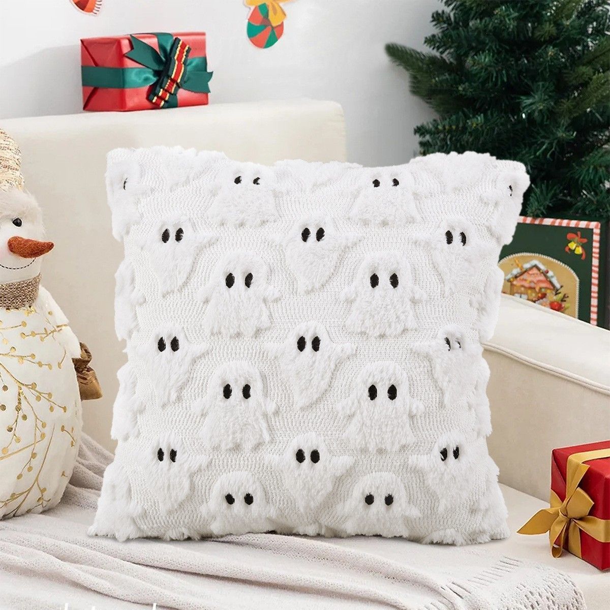 2PCS Halloween Decor Short Plush Cushion Shell, White Ghost Pattern Pillow Cover, Ideal For Living Room Couch Decor, 45x45cm, Pillow Insert Not Included