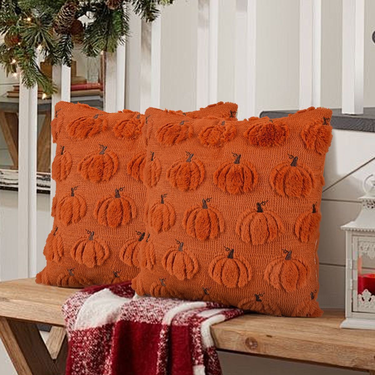 2PCS Festive Short Plush Cushion Cover, Expression Pumpkin Motif Pillow Shell, Halloween Household Sofa Ornament, 45x45cm, Pillow Insert Not Included
