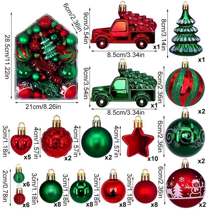 72 Count Mixed Xmas Hanging Decor Kit in House Outline Box, Irregular Painted Electroplated Balls with Doll and Sleigh Accessories, Red Green Tone Suitable for Christmas Indoor Decoration and Halloween Atmosphere Setup