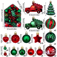 72 Count Mixed Xmas Hanging Decor Kit in House Outline Box, Irregular Painted Electroplated Balls with Doll and Sleigh Accessories, Red Green Tone Suitable for Christmas Indoor Decoration and Halloween Atmosphere Setup