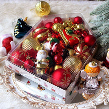 72 Pieces Festive Mixed Holiday Baubles Set in House Mold Gift Box, Electroplated Printed Spheres and Cartoon Pendants with Pink Gold Palette, Used to Embellish Christmas Display and Halloween Themed Party Space