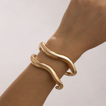 Dual Layer Irregular Wave Bangle 2 Pieces Set, Gold Stackable Metal Open Bracelet, Women Fashion Matching Jewelry as Christmas Halloween Holiday Gift Pack, Code 5091