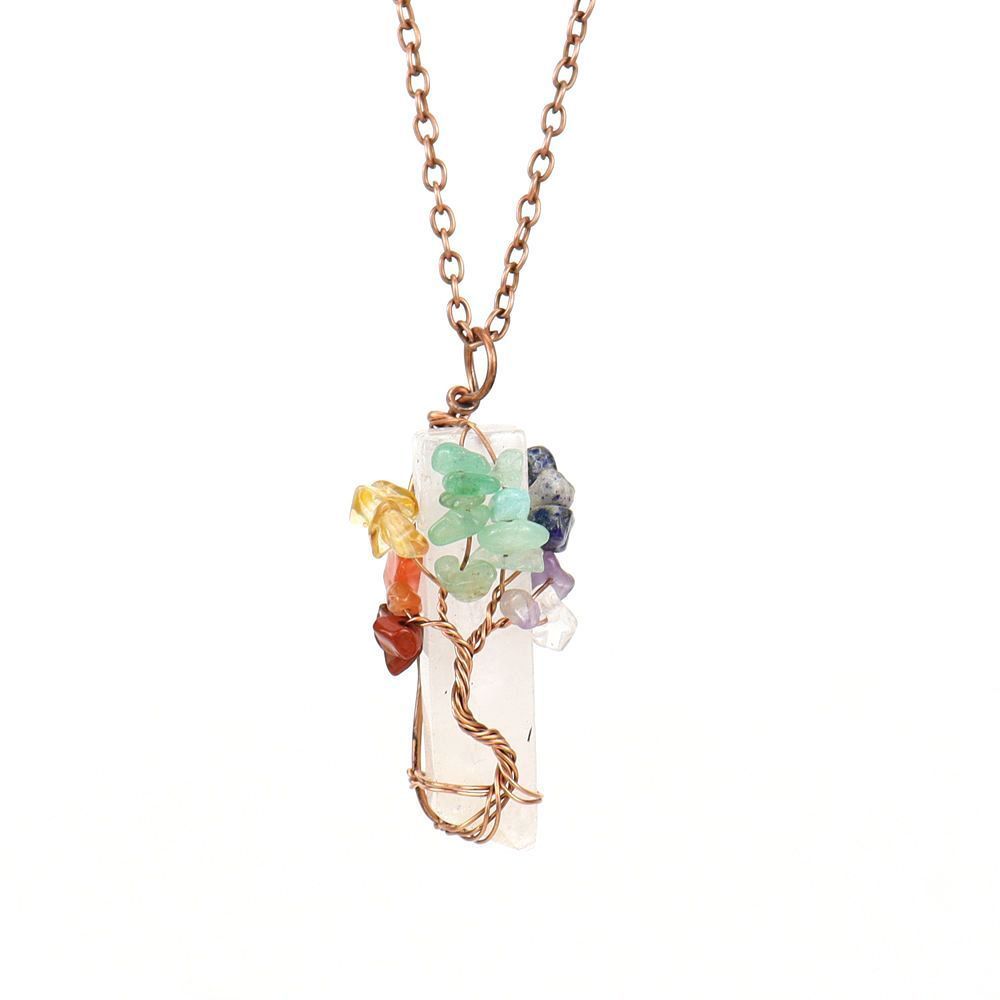 Irregular Raw Crystal Bar Tree of Life Charm Necklace, Antique Copper Setting, Clear Quartz, Christmas & Halloween Party Dress‑up Accessory, Dainty Stackable Holiday Present