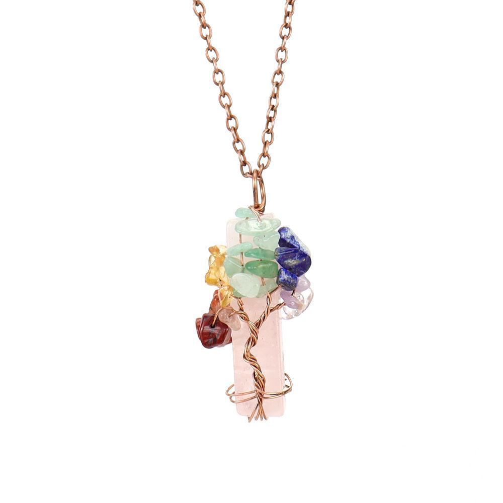 Raw Crystal Chip Tree of Life Pendant Necklace, Antique Copper Hardware, Rose Quartz, Christmas & Halloween Daily Matching Accessory, Sweet Thoughtful Holiday Gift