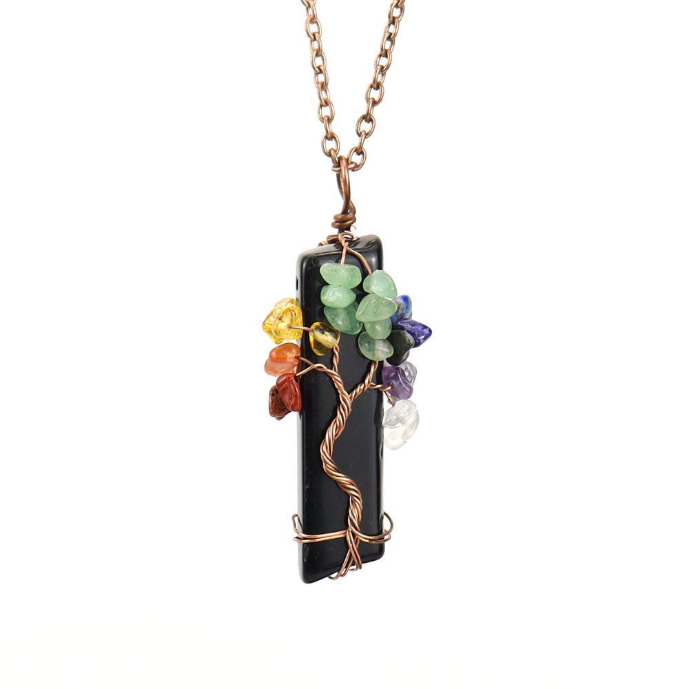 Natural Fragment Stone Tree of Life Necklace, Antique Copper Frame, Obsidian, Christmas & Halloween Themed Costume Jewelry, Cool Style Holiday Gift for Jewelry Lovers