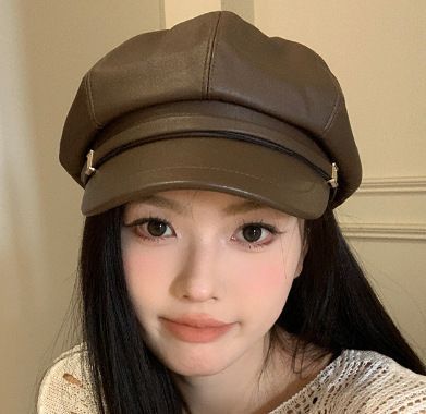 Fashion PU Leather Octagonal Hat, Coffee Tone, Adjustable 56‑58cm, Christmas & Halloween Daily Layering Headwear, Retro Artist‑style Cap, Festival Gifting Option