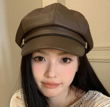 Fashion PU Leather Octagonal Hat, Coffee Tone, Adjustable 56‑58cm, Christmas & Halloween Daily Layering Headwear, Retro Artist‑style Cap, Festival Gifting Option