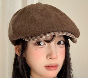 Plaid Brim Newsboy Hat, Coffee Tone, Adjustable 56‑58cm, Christmas & Halloween Retro Costume Accessory, Vintage Casual Cap, Festival Gifting