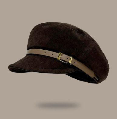 Suede‑Feel Buckle Octagonal Hat, Coffee Tone, Adjustable 56‑58cm, Christmas & Halloween Vintage Party Headwear, Elegant Retro Cap, Delicate Holiday Gift
