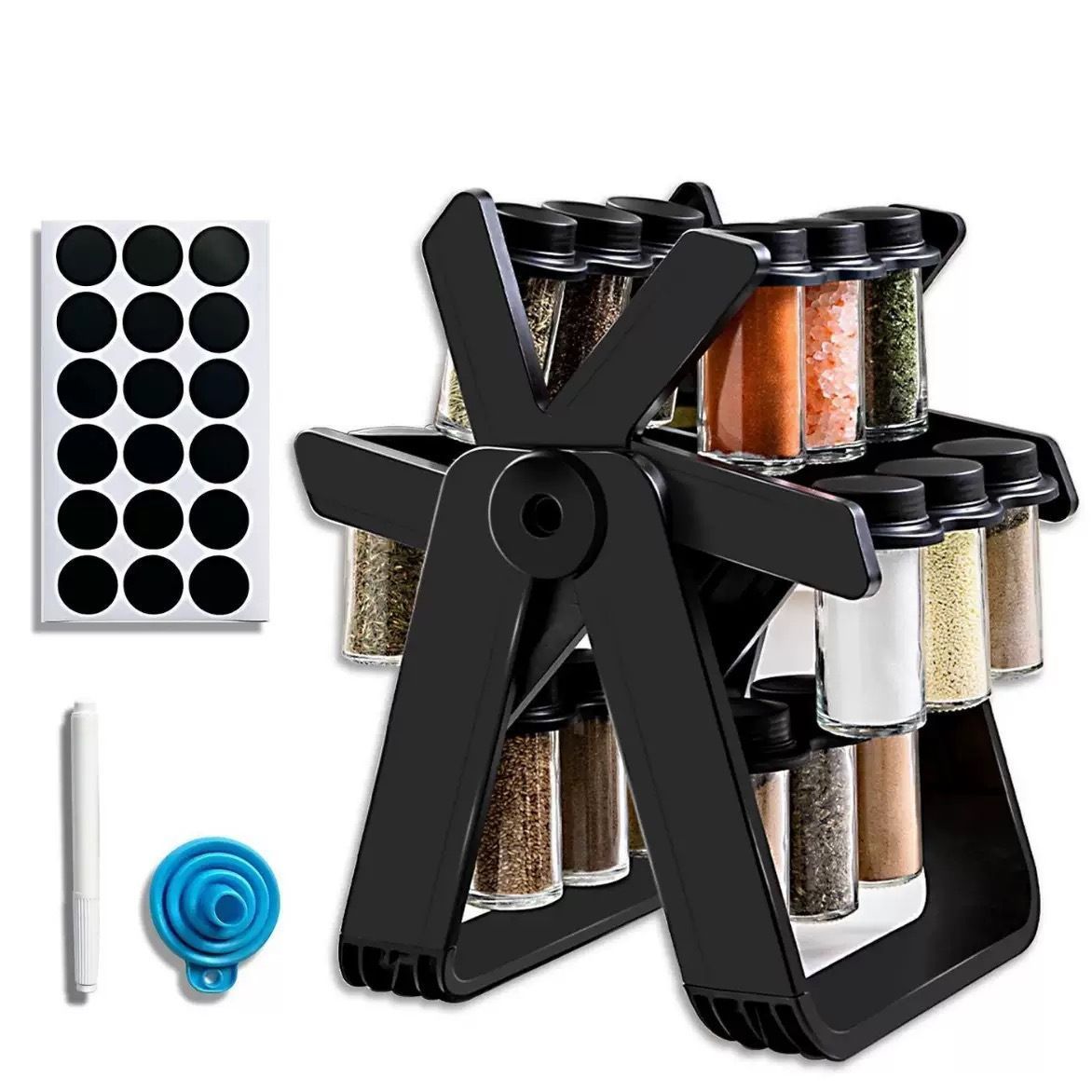 Upgraded Rotating Spice Organizer with 18 Glass Condiment Bottles, Kitchen Countertop Seasoning Storage Rack, Christmas & Halloween Household Decor Accessory, Thoughtful Holiday Present