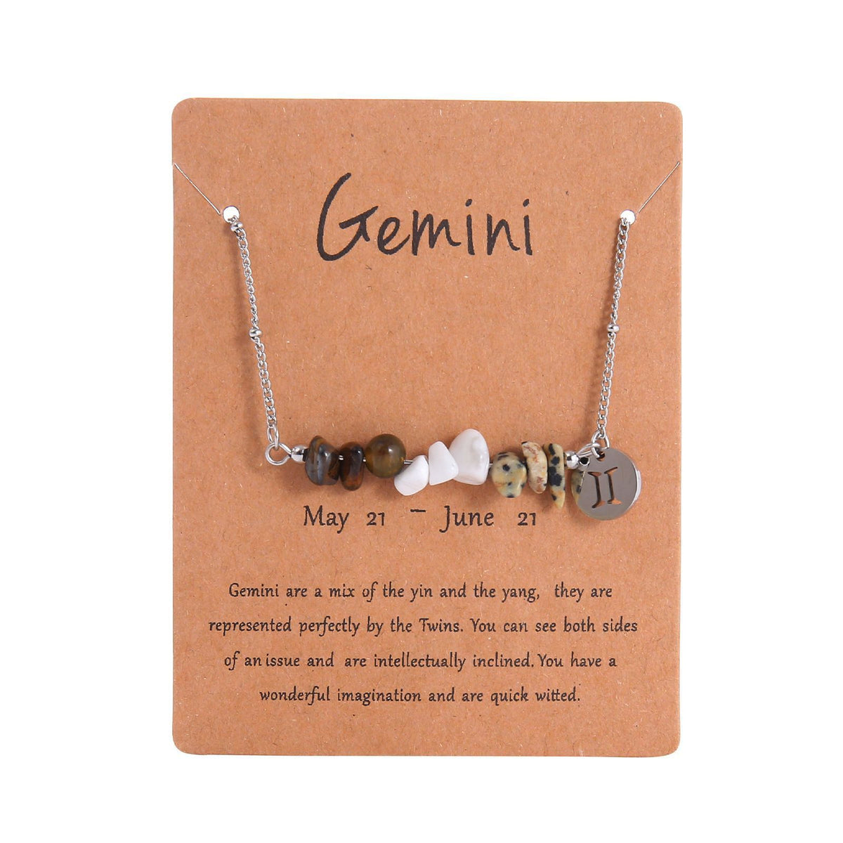 Gemini Zodiac Natural Chip Stone Necklace,Stainless Steel Irregular Pendant,Constellation Fashion Jewellery for Christmas Halloween Accessory & Daily Gift