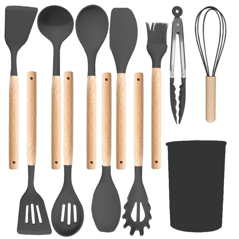 Silicone Kitchen Utensils 12‑Piece Set Dark Grey,Multi‑Function Spatula Soup Spoon for Non‑Stick Cookware,Home Kitchen Accessory,Christmas Halloween Holiday Present for Kitchen Lovers