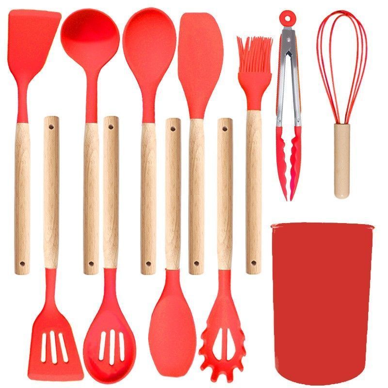 Silicone Kitchen Utensils 12‑Piece Set Red,Heat‑Resistant Spatula and Spoon Kit for Non‑Stick Pan,Everyday Household Cooking Tool,Christmas Halloween Party Favor & Practical Gift